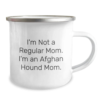 Funny Afghan Hound Dog Mom Gifts from Family - Birthday Unique Presents for Her - 'I'm Not A Regular Mom. I'm An Afghan Hound Mom.' Enamel Camping Mug - Victory Thru Vision