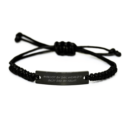 Funny Analyst Gifts by Day, World's Best Dad By Night Graduation Rope Bracelte for Men, Adjustable from 3.34 to 9.84 inches, Black Stainless Steel with Interlaced Rope, Gifts from Dad to Analyst - Victory Thru Vision