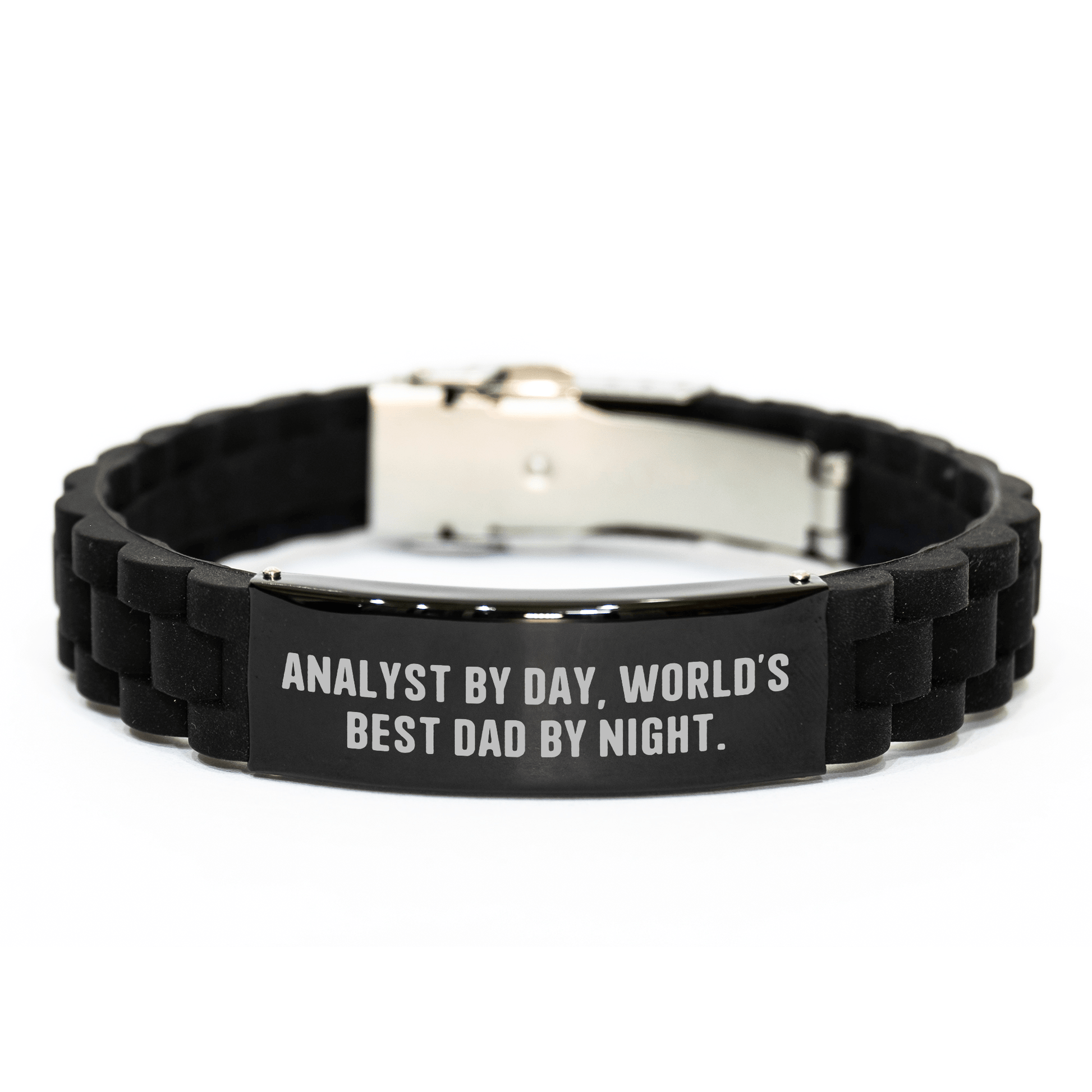 Funny Analyst Gifts from Dad - Glide lock Clasp Black Stainless Steel Silicone Adjustable Bracelet for Graduation, 'Analyst By Day, World's Best Dad By Night.' - Victory Thru Vision