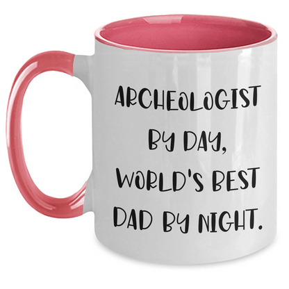 Funny Archeologist Gifts for Him, Two Tone Coffee Mug, 'Archeologist By Day, World's Best Dad By Night.,' Graduation Unique Gifts from Dad to Son - Victory Thru Vision