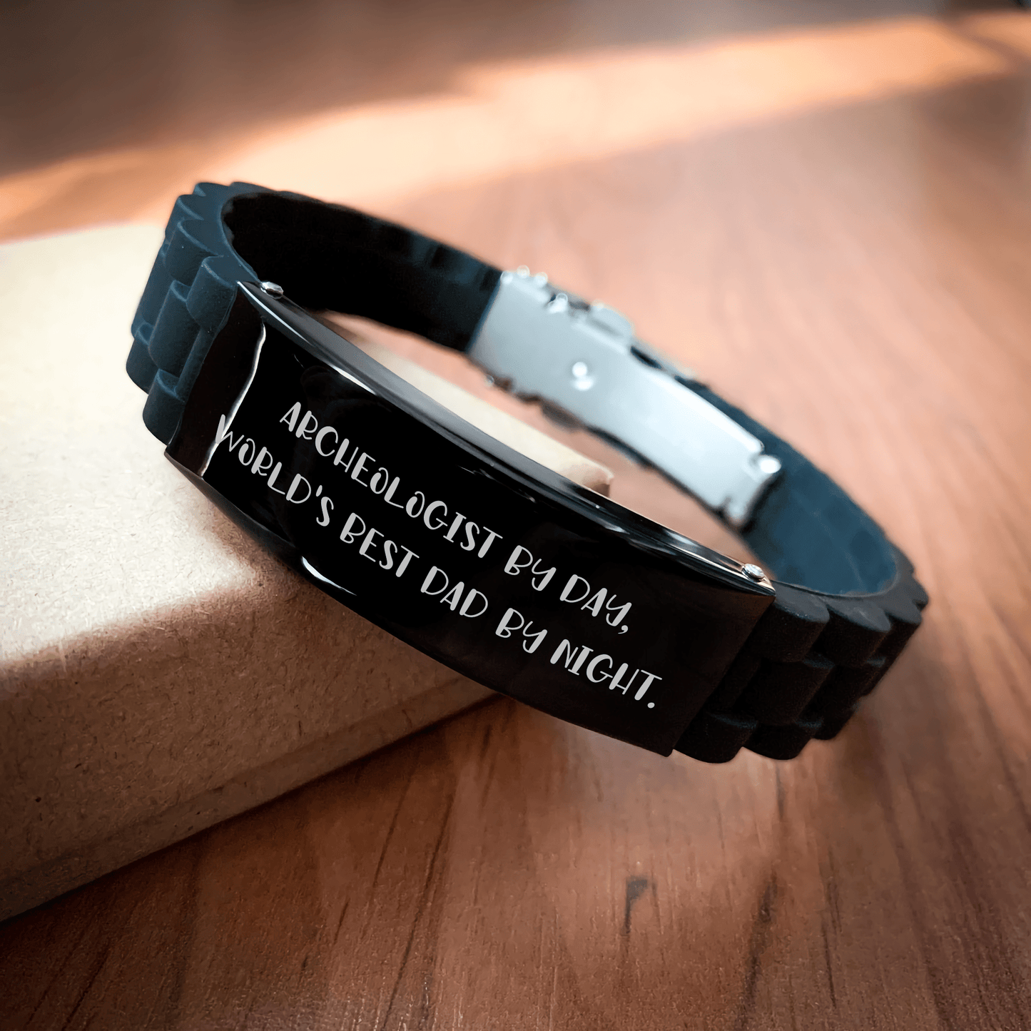 Funny Archeologist Gifts, Glide lock Clasp Black Stainless Steel Silicone Men's Adjustable Graduation Unique Gifts from Dad, Gifts for Archeologist by Day, World's Best Dad by Night - Victory Thru Vision