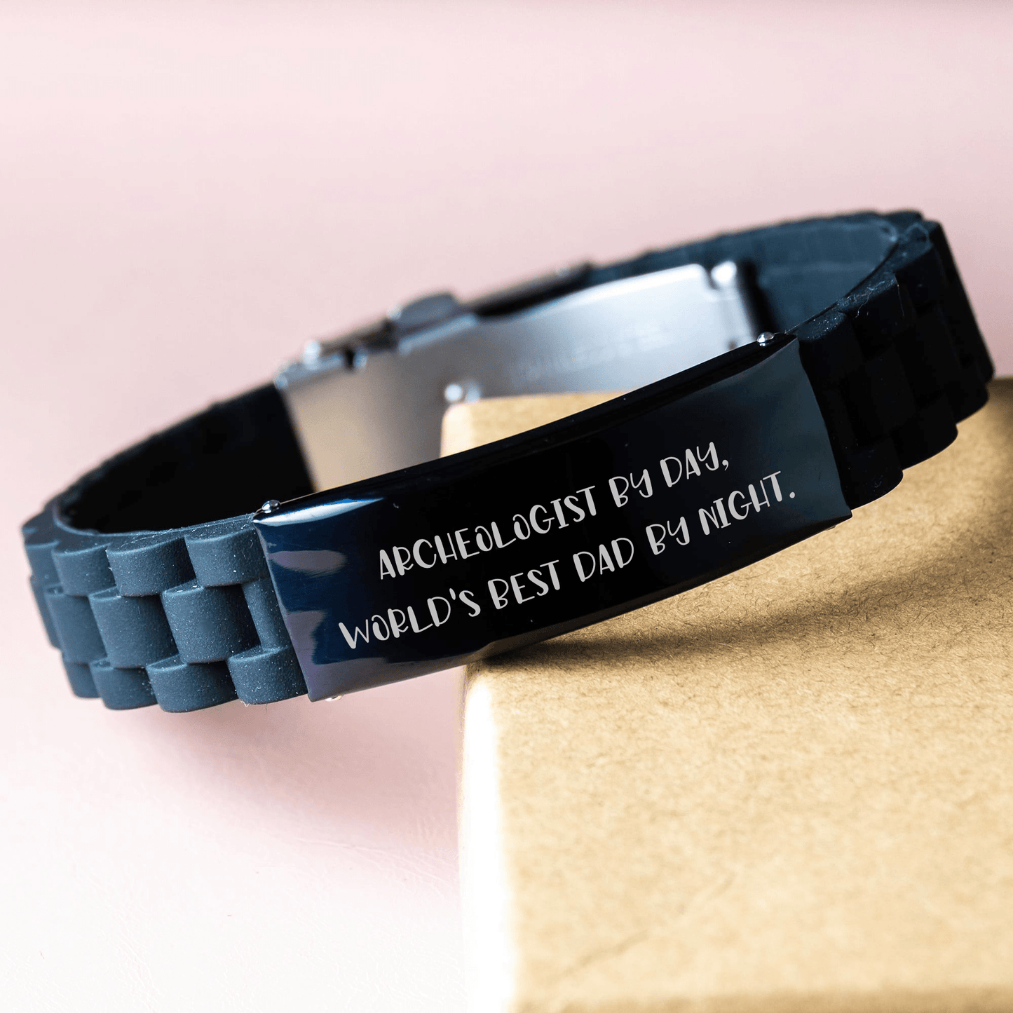 Funny Archeologist Gifts, Glide lock Clasp Black Stainless Steel Silicone Men's Adjustable Graduation Unique Gifts from Dad, Gifts for Archeologist by Day, World's Best Dad by Night - Victory Thru Vision