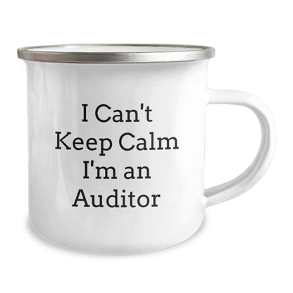 Funny Auditor Gifts from Friends for Graduation - 'I Can't Keep Calm I'm An Auditor' Enamel Camping Mug, 12 oz, Stainless Steel - Victory Thru Vision