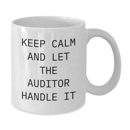 Funny Auditor Gifts, White Coffee Mug for Graduation, Keep Calm and Let the Auditor Handle It, Inspirational Quote from Auditor to Gifts for Men, Women, and Friends - Victory Thru Vision