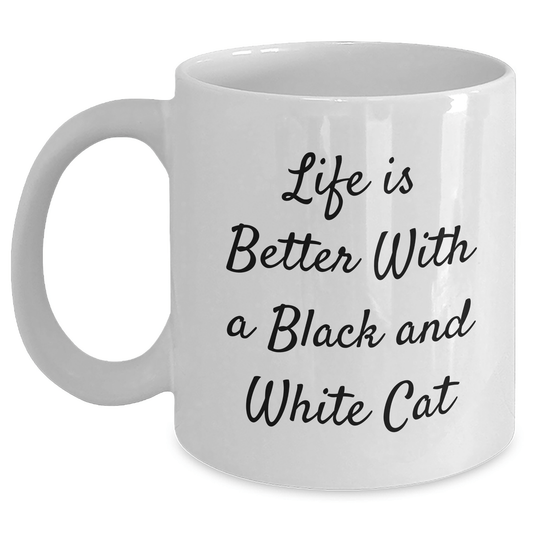 Funny Black and White Cat Gifts for Men, Life Is Better With A Black And White Cat Quote, White Coffee Mug for Father's Day, Gifts from Men, Gifts for Black and White Cat Lovers - Victory Thru Vision