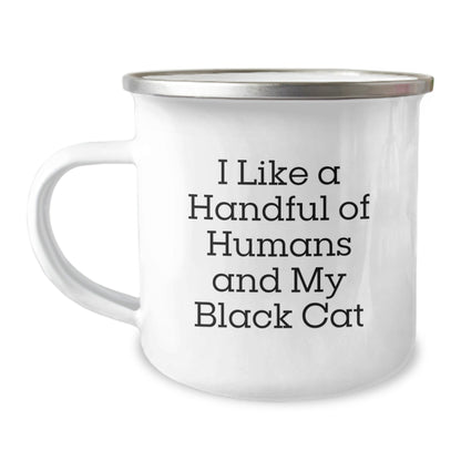 Funny Black Cat Gifts for Men from Friends, Black Cat Camping Mugs for Graduation, 'I Like A Handful Of Humans And My Black Cat' Quote - Victory Thru Vision