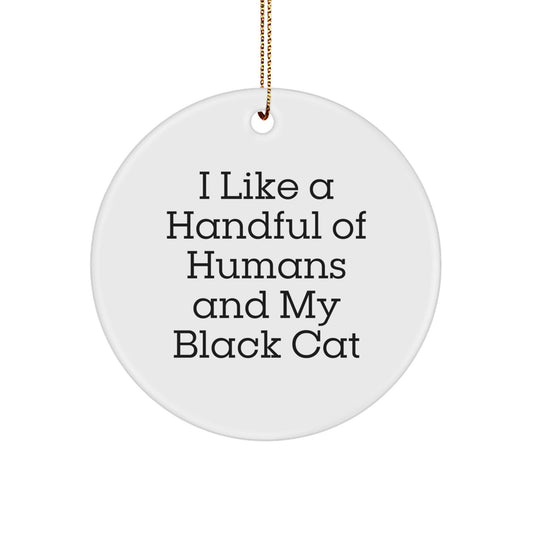 Funny Black Cat Gifts for Men - 'I Like A Handful Of Humans And My Black Cat' Circle Ornament, White, 2.75" Tall, Gifts from Family - Victory Thru Vision
