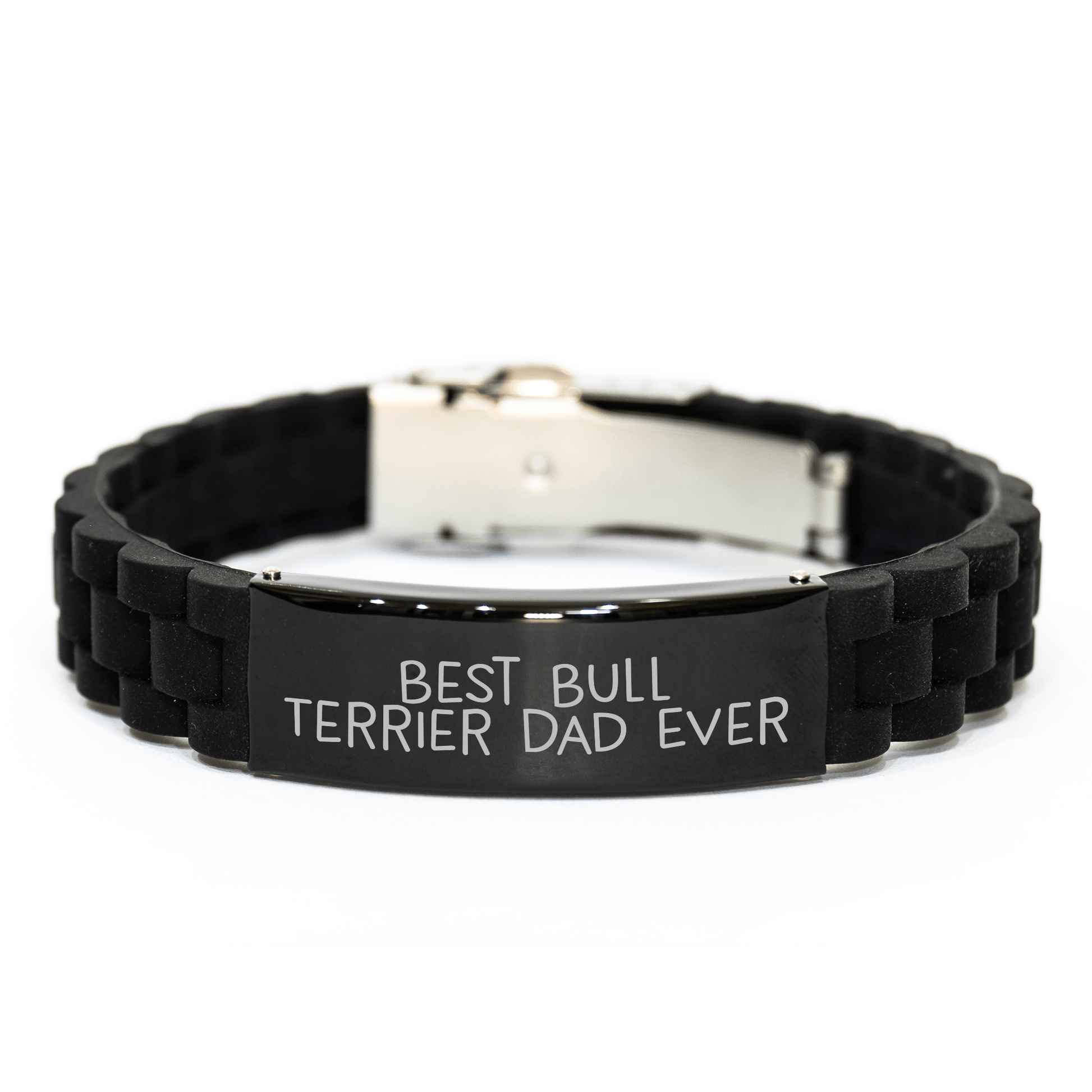 Funny Bull Terrier Dog Gifts from Men for Best Dad Ever, Glide lock Clasp Adjustable Black Stainless Steel Silicone Bracelet - Victory Thru Vision 