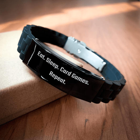 Funny Card Games Enthusiast Gifts from Men for Father's Day - Glide lock Clasp Adjustable Silicone Stainless Steel Bracelet, Eat. Sleep. Card Games. Repeat. - Victory Thru Vision 