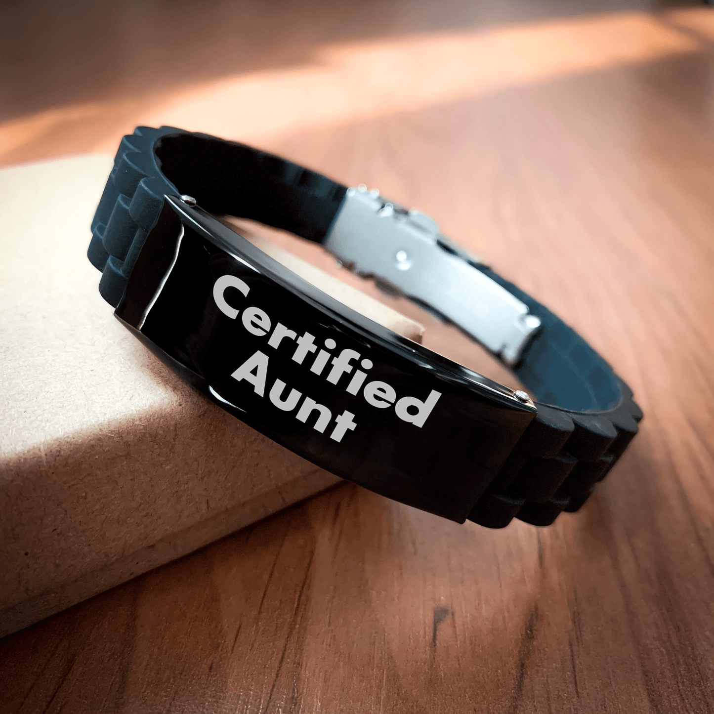 Funny Certified Aunt Gifts from Men to Aunt on Father's Day - Glide lock Clasp Adjustable Black Stainless Steel Silicone Black Color 9.05-inch Aunt Gift for Men - Victory Thru Vision 