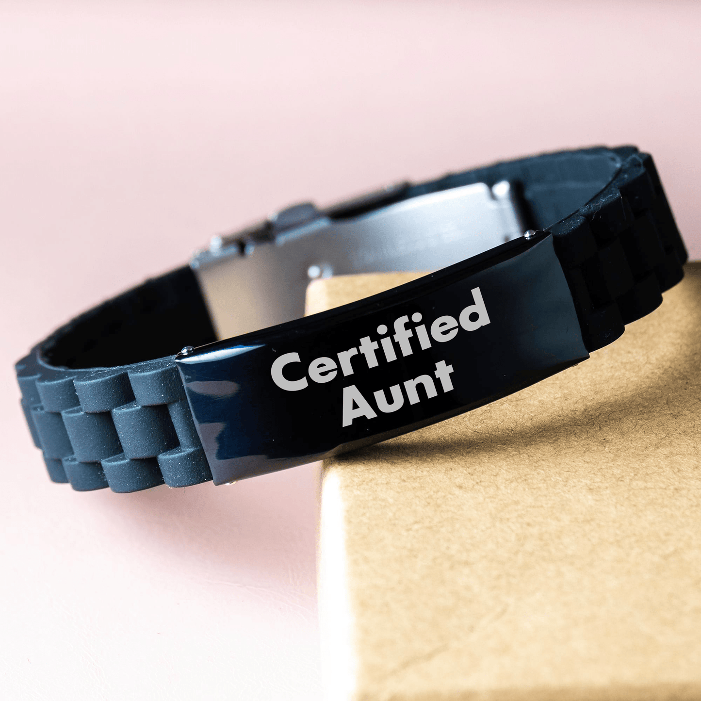 Funny Certified Aunt Gifts from Men to Aunt on Father's Day - Glide lock Clasp Adjustable Black Stainless Steel Silicone Black Color 9.05-inch Aunt Gift for Men - Victory Thru Vision 