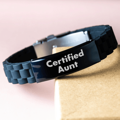 Funny Certified Aunt Gifts from Men to Aunt on Father's Day - Glide lock Clasp Adjustable Black Stainless Steel Silicone Black Color 9.05-inch Aunt Gift for Men - Victory Thru Vision 