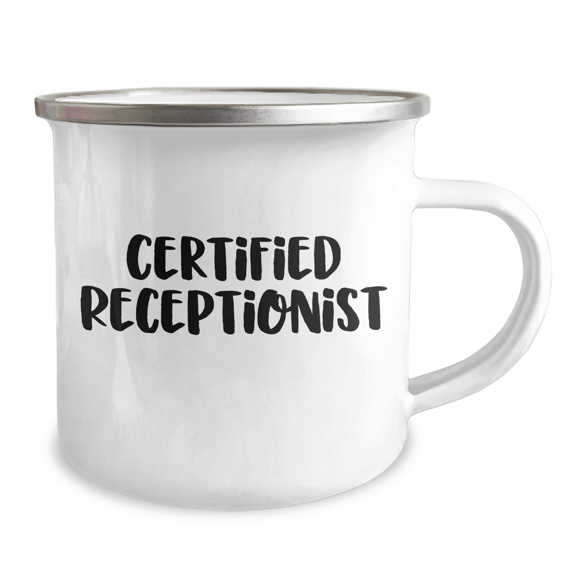 Funny Certified Receptionist Gifts for Men, Women, Coworkers and Family - 'Certified Receptionist' Quote on 12 oz Stainless Steel Camping Mug for Father's Day - Victory Thru Vision