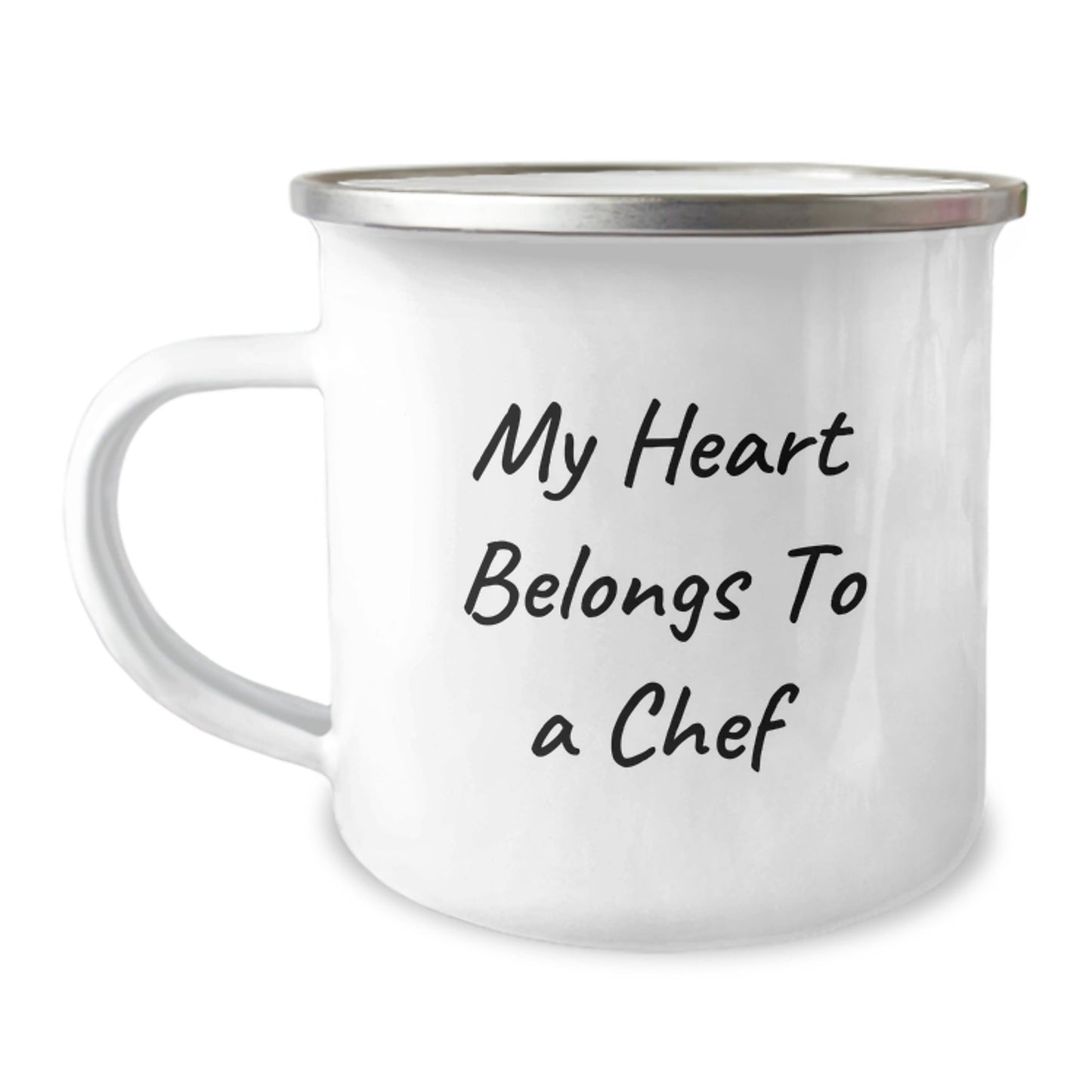 Funny Chef Gifts for Him from Friends, Men's Camping Mug with Quote 'My Heart Belongs To A Chef', Birthday Unique Presents - Victory Thru Vision