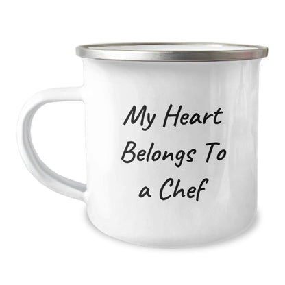 Funny Chef Gifts for Him from Friends, Men's Camping Mug with Quote 'My Heart Belongs To A Chef', Birthday Unique Presents - Victory Thru Vision