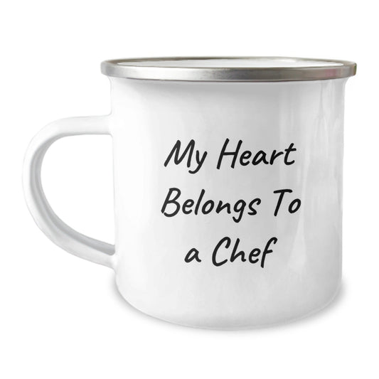 Funny Chef Gifts for Him from Friends, Men's Camping Mug with Quote 'My Heart Belongs To A Chef', Birthday Unique Presents - Victory Thru Vision
