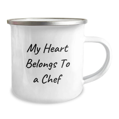 Funny Chef Gifts for Him from Friends, Men's Camping Mug with Quote 'My Heart Belongs To A Chef', Birthday Unique Presents - Victory Thru Vision