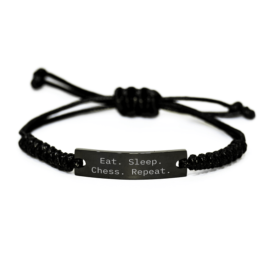 Funny Chess Gifts for Dad - Eat. Sleep. Chess. Repeat. Black Rope Bracelet from Friends, Gift for Chess Lovers on Father's Day - Victory Thru Vision 