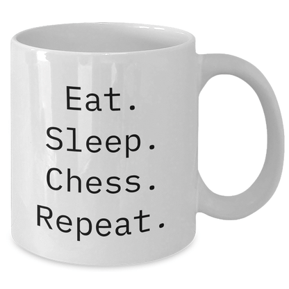Funny Chess Lovers Gift, Eat. Sleep. Chess. Repeat. White Coffee Mug, Unique Father's Day Unique Gift from Friends, Family, or Coworkers - Victory Thru Vision 