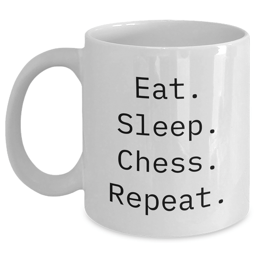 Funny Chess Lovers Gift, Eat. Sleep. Chess. Repeat. White Coffee Mug, Unique Father's Day Unique Gift from Friends, Family, or Coworkers - Victory Thru Vision 