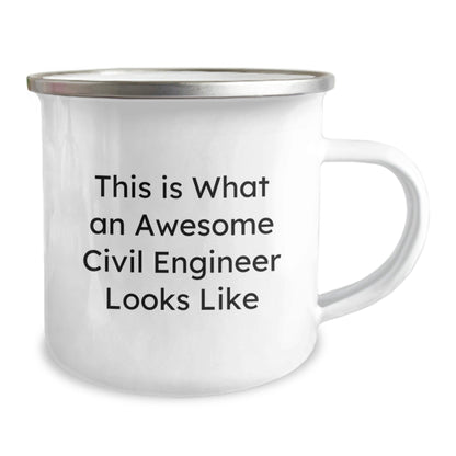 Funny Civil Engineer Gifts from Men, Unique Graduation Mugs for Civil Engineers, 'This Is What An Awesome Civil Engineer Looks Like' Enamel Camping Mug - Victory Thru Vision