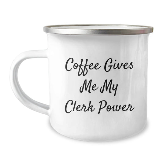 Funny Clerk Gifts for Men from Coworkers - Coffee Gives Me My Clerk Power Camping Mug, Graduation Unique Gifts - Victory Thru Vision