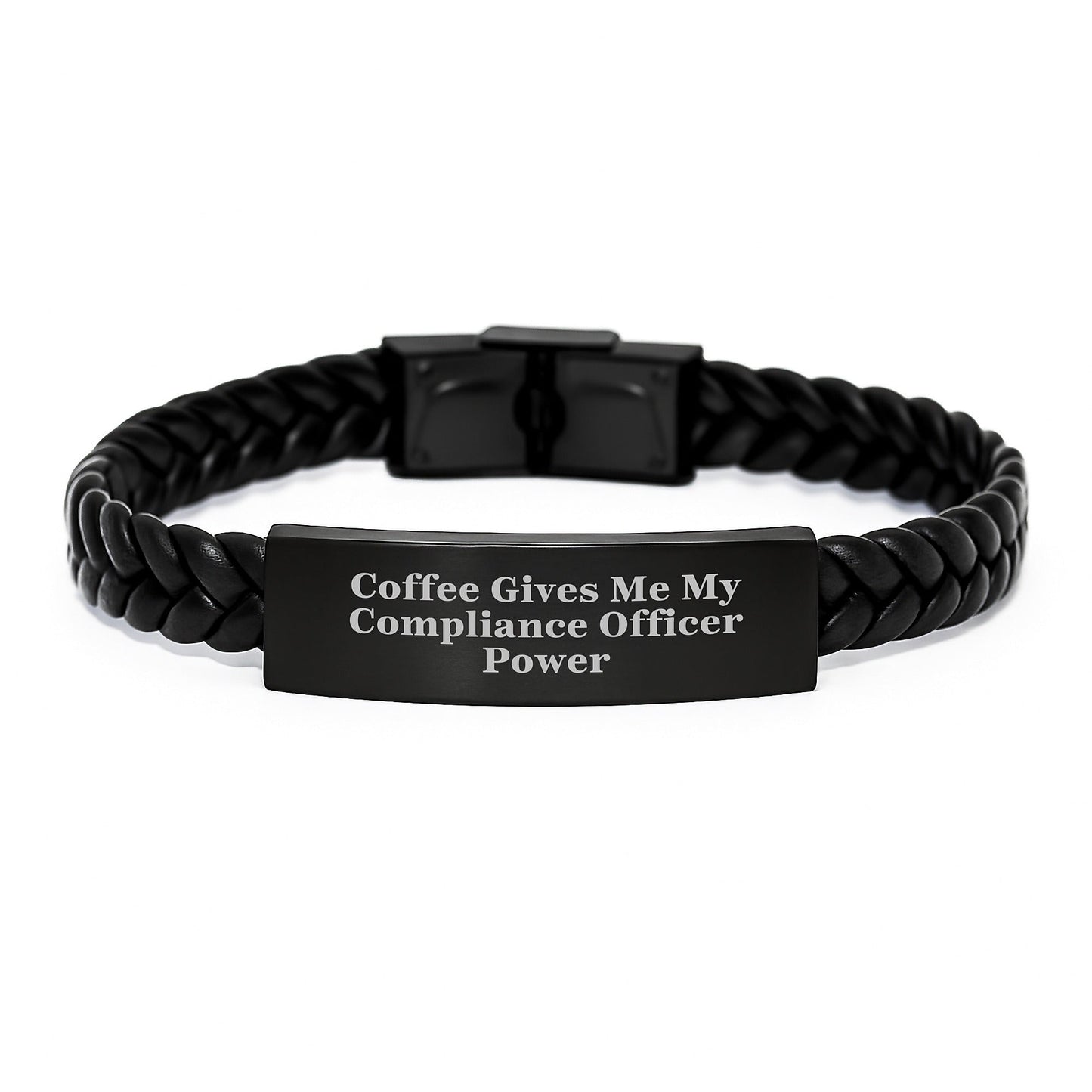 Funny Compliance Officer Gifts, 'Coffee Gives Me My Compliance Officer Power' Interlaced Leather Bracelet for Men, Women, Coworkers, Family - Graduation Unique Gifts from Friends - Victory Thru Vision