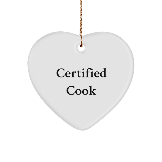 Funny Cook Gifts from Family for Christmas - Heart Ornament with Certified Cook Quote - White, Heart Shaped, Durable MDF, and Sublimation Printing - Victory Thru Vision 