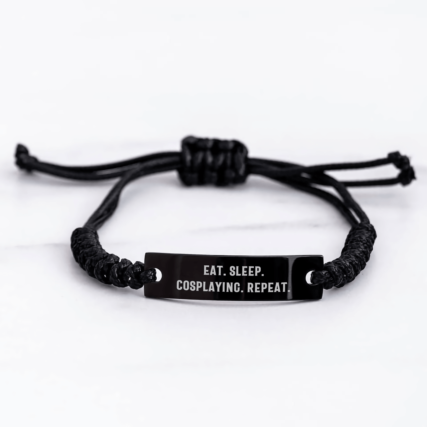 Funny Cosplaying Gifts for Men - Eat. Sleep. Cosplaying. Repeat. Adjustable Rope Bracelet with Engraved Black Stainless Steel, Perfect for Father's Day from Friends - Victory Thru Vision 