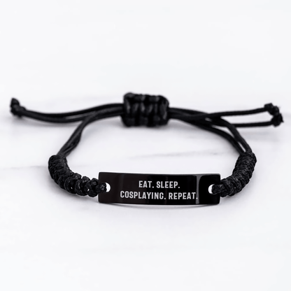 Funny Cosplaying Gifts for Men - Eat. Sleep. Cosplaying. Repeat. Adjustable Rope Bracelet with Engraved Black Stainless Steel, Perfect for Father's Day from Friends - Victory Thru Vision 