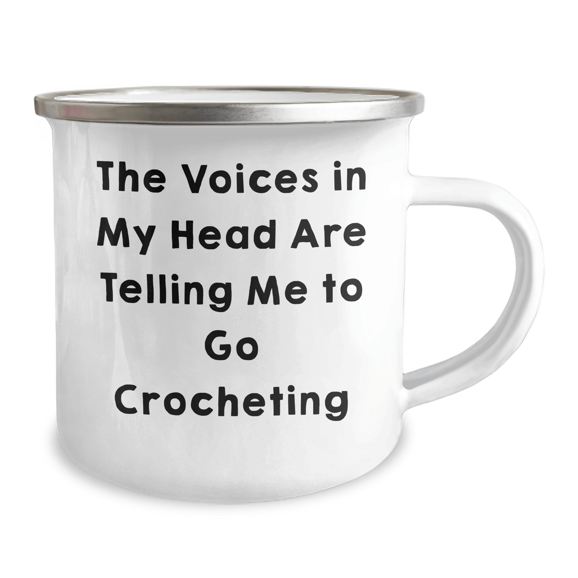 Funny Crocheting Gifts for Friends - 'The Voices In My Head Are Telling Me To Go Crocheting' Quote on Unique Camping Mug, Perfect for Graduation - Victory Thru Vision
