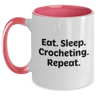 Funny Crocheting Gifts for Men from Dad Eat. Sleep. Crocheting. Repeat. Two Tone Coffee Mug - Victory Thru Vision 