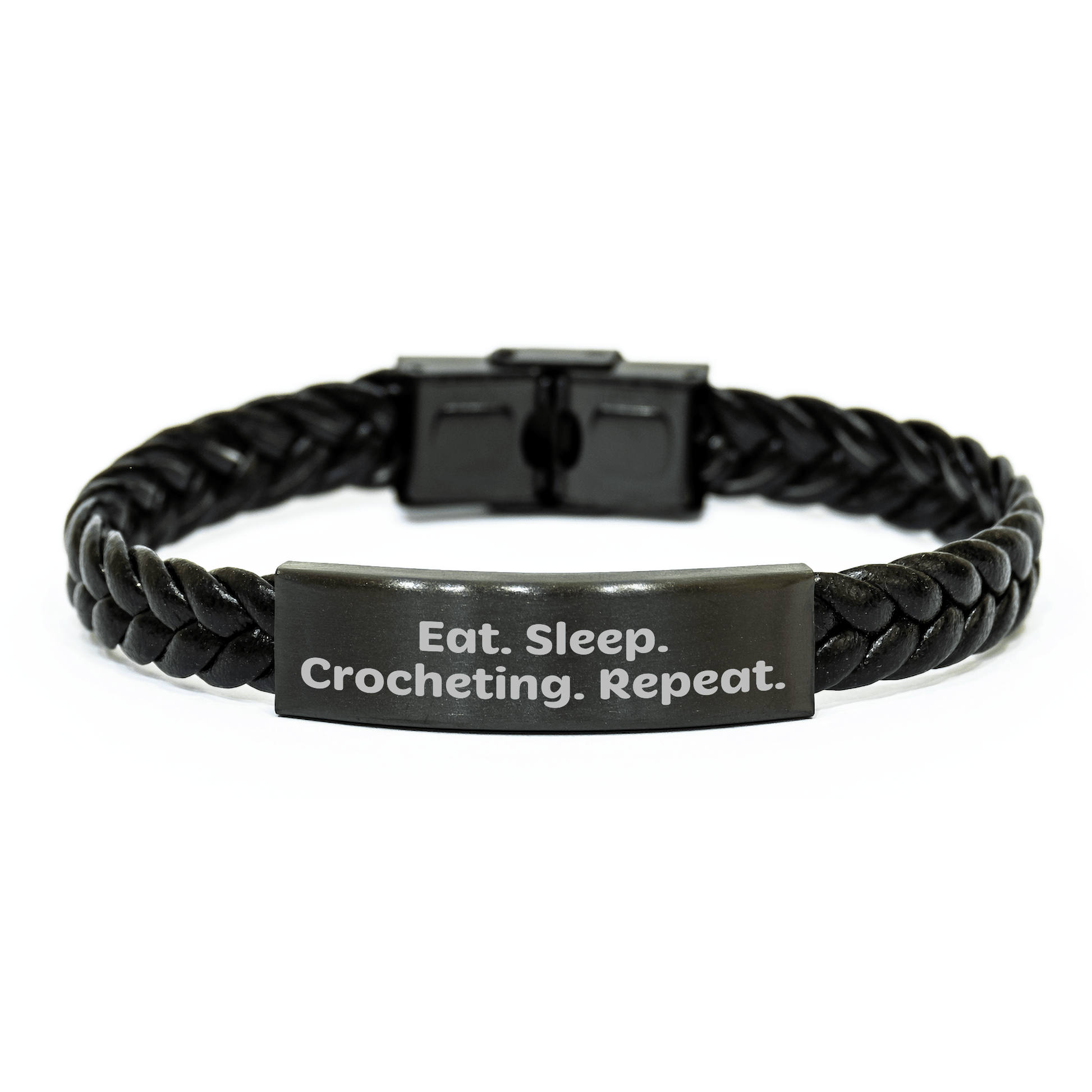 Funny Crocheting Gifts from Dad to Crocheting Enthusiast, Interlaced Leather Bracelet for Men, Eat. Sleep. Crocheting. Repeat., Father's Day Unique - Victory Thru Vision 