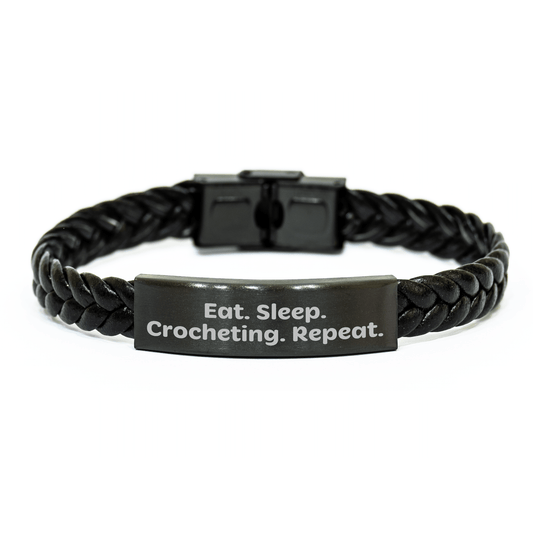 Funny Crocheting Gifts from Dad to Crocheting Enthusiast, Interlaced Leather Bracelet for Men, Eat. Sleep. Crocheting. Repeat., Father's Day Unique - Victory Thru Vision 