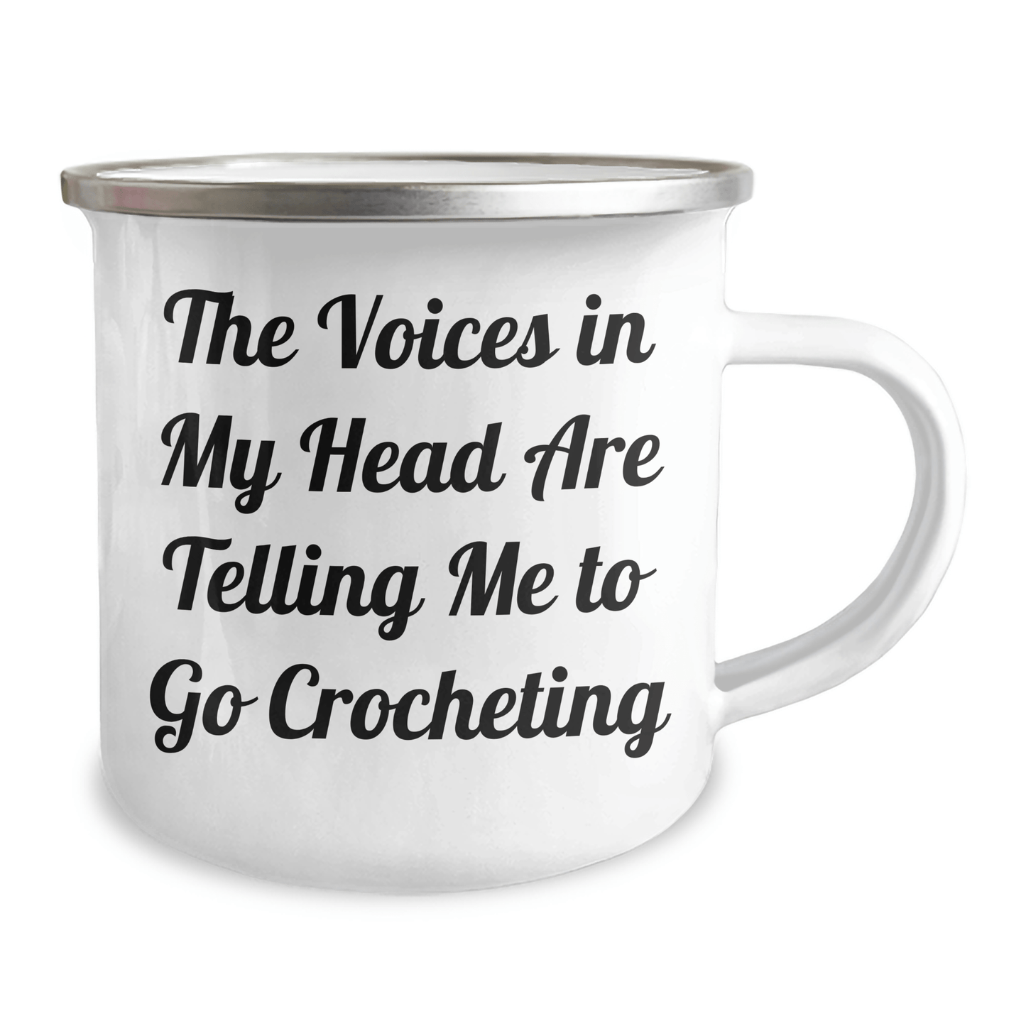 Funny Crocheting Gifts from Friends for Graduation - Camping Mug with Quote 'The Voices In My Head Are Telling Me To Go Crocheting' - 12 oz Stainless Steel with Enamel Finish - Victory Thru Vision