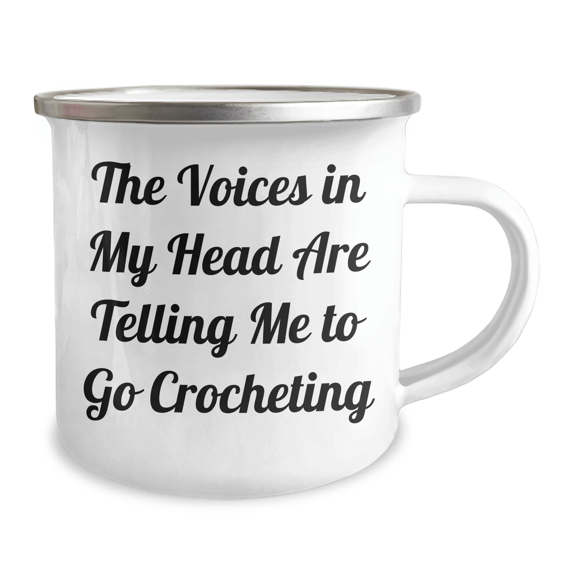 Funny Crocheting Gifts from Friends for Graduation - Camping Mug with Quote 'The Voices In My Head Are Telling Me To Go Crocheting' - 12 oz Stainless Steel with Enamel Finish - Victory Thru Vision