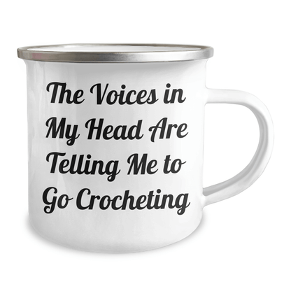 Funny Crocheting Gifts from Friends for Graduation - Camping Mug with Quote 'The Voices In My Head Are Telling Me To Go Crocheting' - 12 oz Stainless Steel with Enamel Finish - Victory Thru Vision