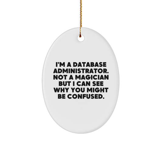 Funny Database Administrator Gifts from Friends, 'I'm A Database Administrator. Not A Magician But I Can See Why You Might Be Confused.' Oval Ornament for Christmas - Victory Thru Vision