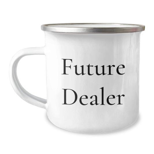 Funny Dealer Gifts from Friends - Future Dealer Camping Mug, Stainless Steel with Enamel Finish, Inspirational Quote for Graduation Unique Gifts for Dealers - Victory Thru Vision