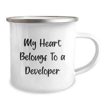 Funny Developer Gifts from Friends - My Heart Belongs To A Developer, Camping Mug for Birthday - Victory Thru Vision