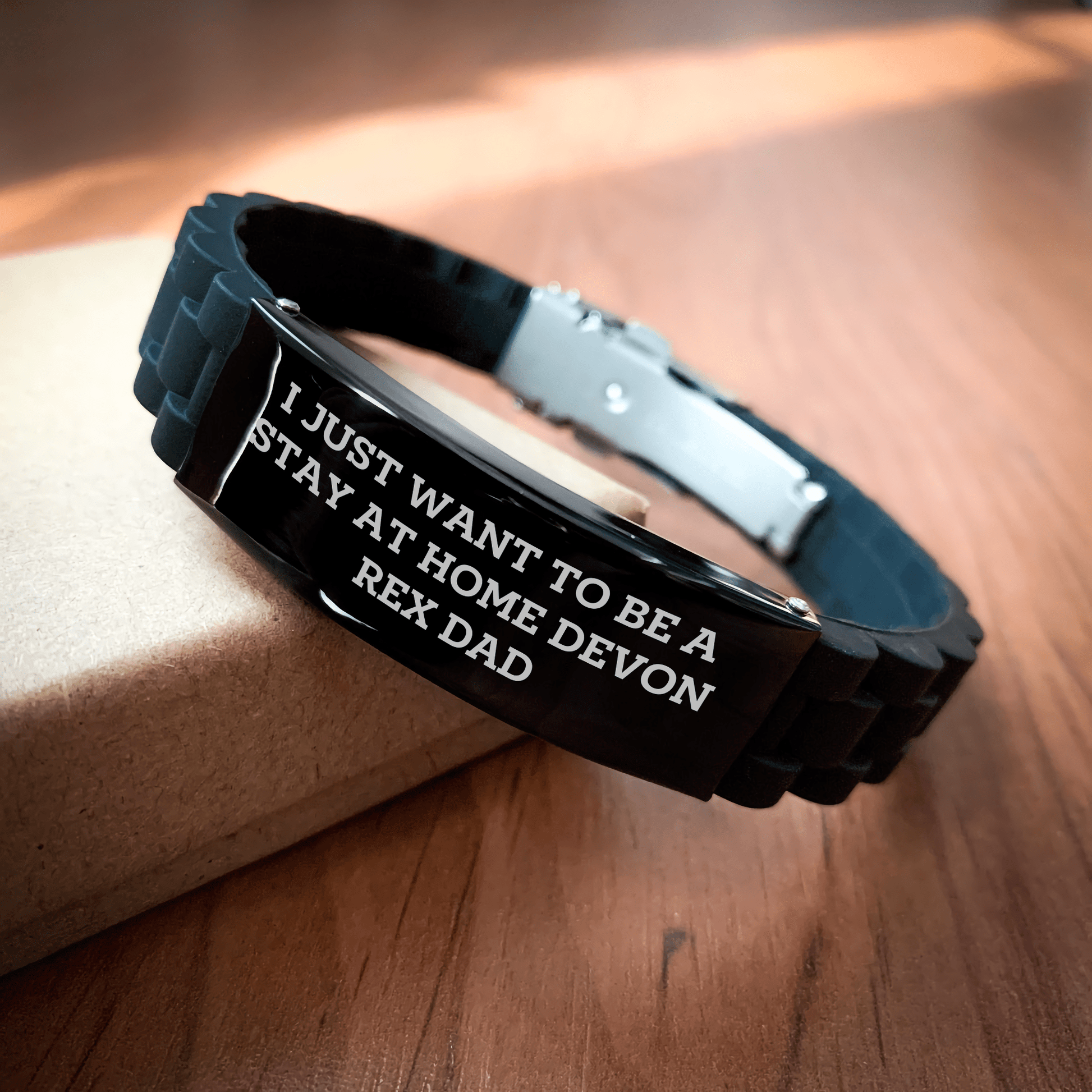 Funny Devon Rex Cat Dad Gifts - I Just Want To Be A Stay At Home Dad's Glide lock Clasp Black Stainless Steel Adjustable Bracelet, Father's Day Unique Gifts from Men to Family - Victory Thru Vision