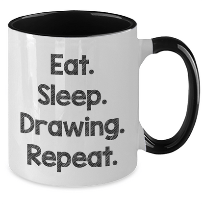 Funny Drawing Enthusiast Gifts from Friends - Eat. Sleep. Drawing. Repeat. Two Tone Coffee Mug for Men, Women, Family - Victory Thru Vision 