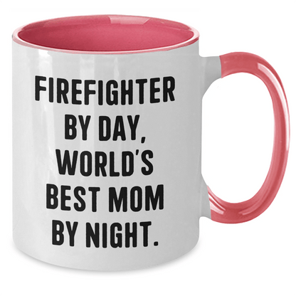 Funny Firefighter Gifts from Mom - Firefighter By Day, World's Best Mom By Night. Two Tone Coffee Mug for Father's Day - Victory Thru Vision 