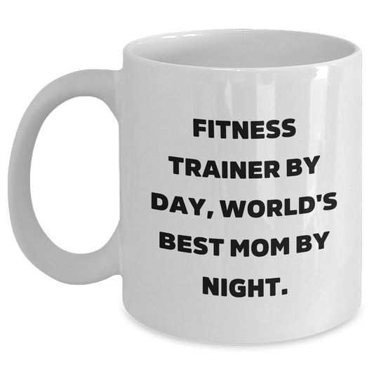 Funny Fitness Trainer Gifts for Him - White Coffee Mug, 'Fitness Trainer By Day, World's Best Mom By Night.' Quote, Perfect for Dad's Birthday or Father's Day Unique Gifts from Mom, Family or Friends - Victory Thru Vision 