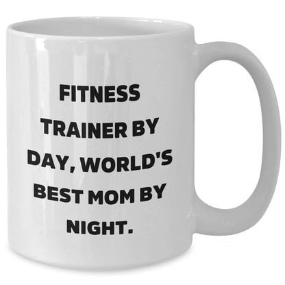 Funny Fitness Trainer Gifts for Him - White Coffee Mug, 'Fitness Trainer By Day, World's Best Mom By Night.' Quote, Perfect for Dad's Birthday or Father's Day Unique Gifts from Mom, Family or Friends - Victory Thru Vision 