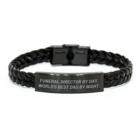 Funny Funeral Director Gifts from Friends - Interlaced Leather Bracelet for World's Best Dad By Night - Mother's Day Unique - Victory Thru Vision 