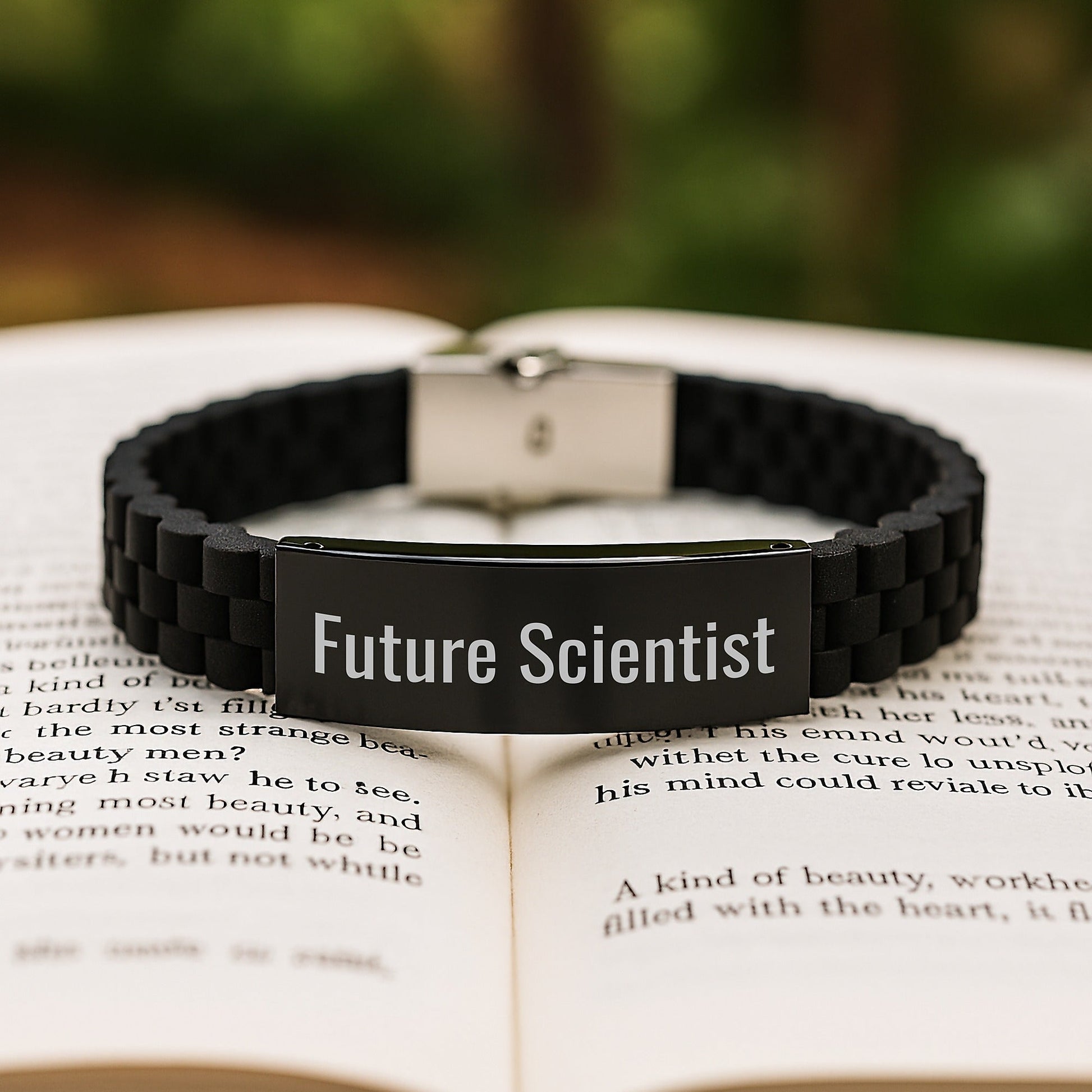 Funny Future Scientist Gifts for Men from Coworkers, Scientist Inspirational Quote Glide lock Clasp Adjustable Black Stainless Steel Silicone Bracelet for Graduation Unique Presents - Victory Thru Vision
