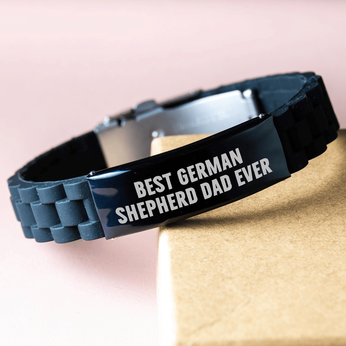 Funny German Shepherd Dog Gifts for Best Dad Ever - Glide lock Clasp Adjustable Black Stainless Steel Silicone Bracelet from Dad, German Shepherd Dog Enthusiasts, or Friends - Victory Thru Vision 
