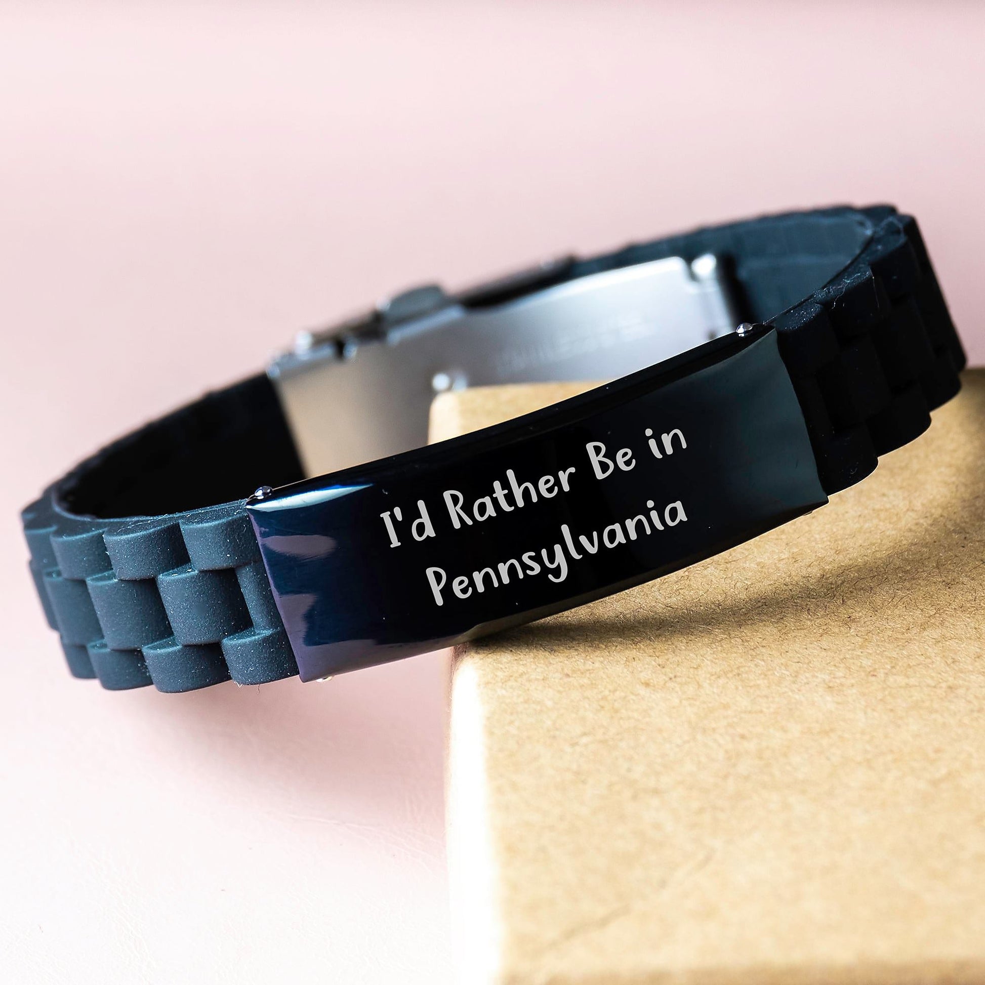 Funny 'I'd Rather Be In Pennsylvania' Glide lock Clasp Gift for Pennsylvania Graduates, Men and Women's Adjustable Black Stainless Steel and Silicone Jewelry, Gifts from Friends and Family - Victory Thru Vision
