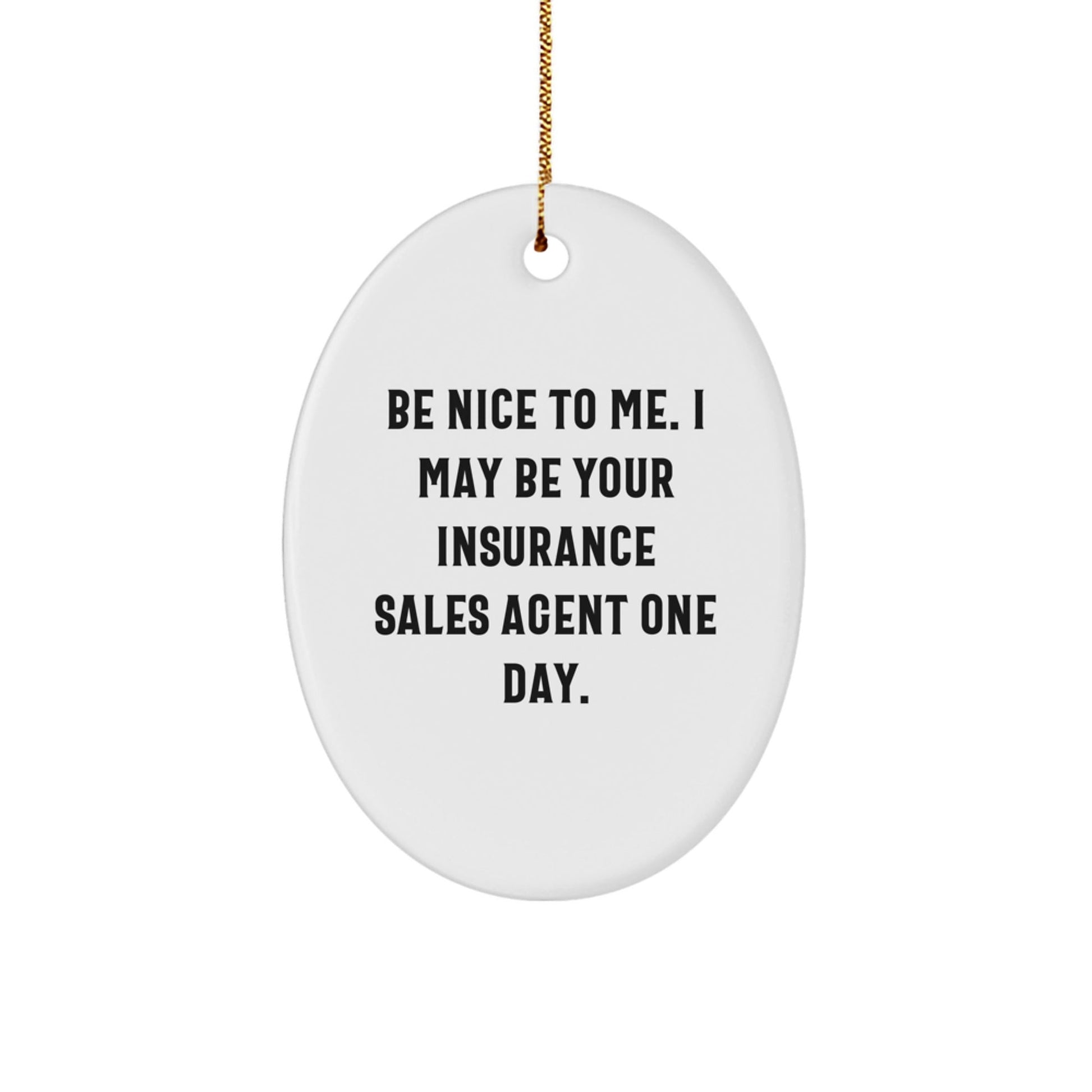 Funny Insurance Sales Agent Gifts from Friends - 'Be Nice To Me' Oval Ornament for Christmas - Victory Thru Vision
